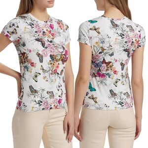 L'AGENCE Ressi Floral Butterfly Crewneck Fitted Tee Women XXS White Multi‎ NEW